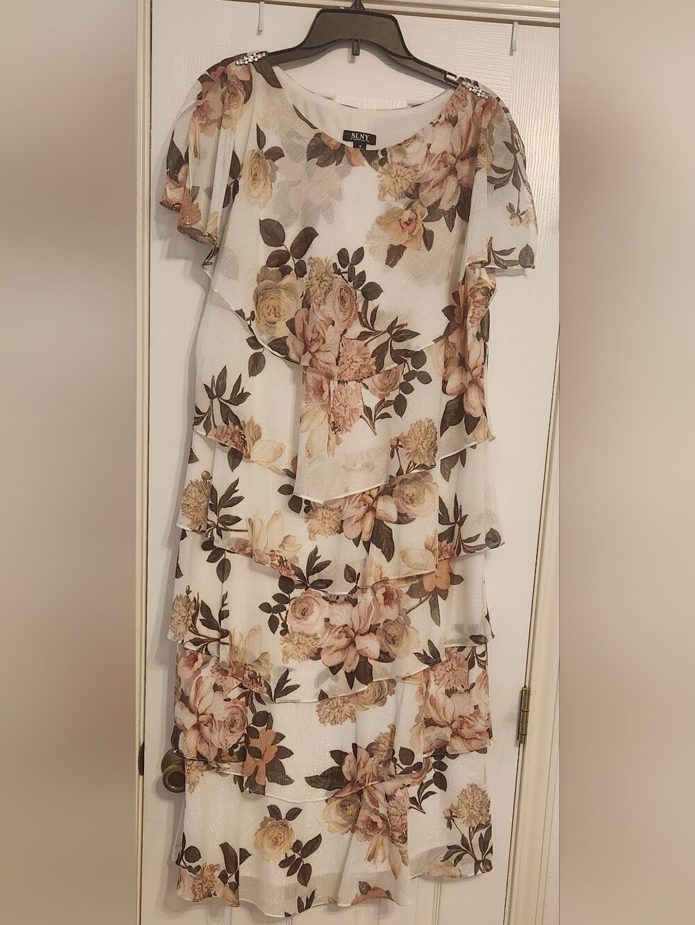 SLNY Ivory Dress with Blush and Tan Floral Print